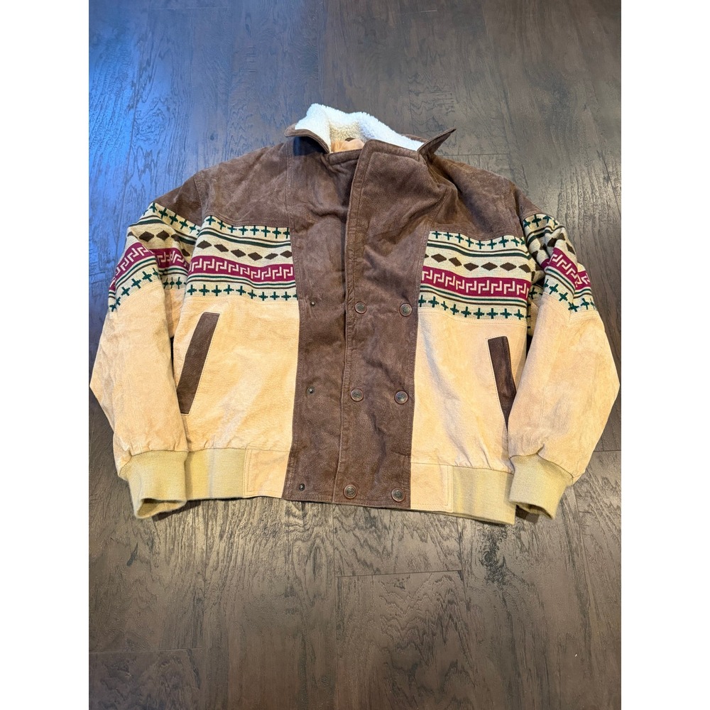 Vintage Suede Bomber Jacket with Southwestern Aztec Design – Men's Large